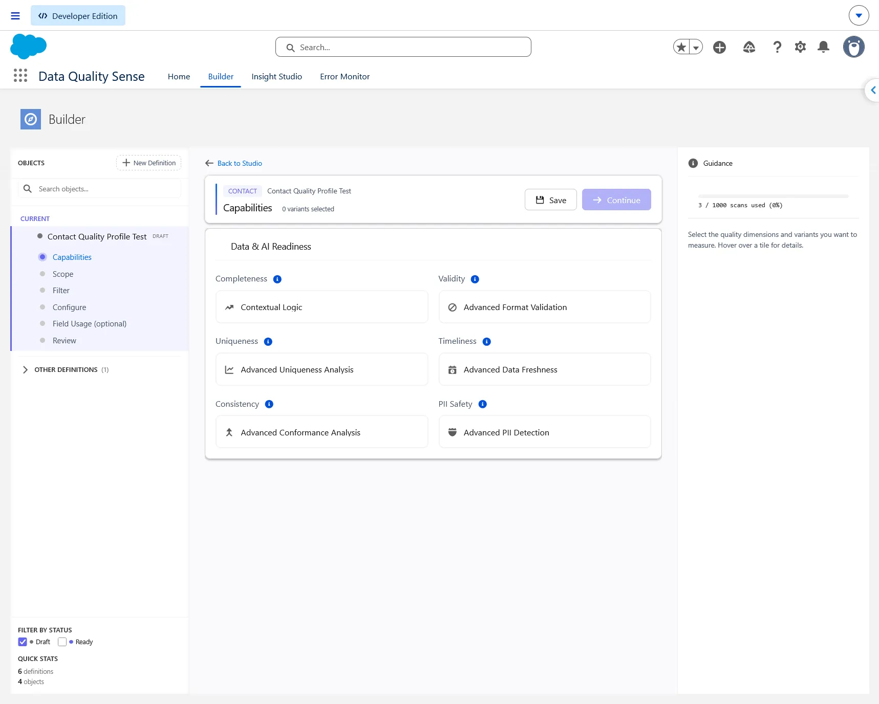 Builder workspace with the optional Field Usage step, configuration area, and guidance panel