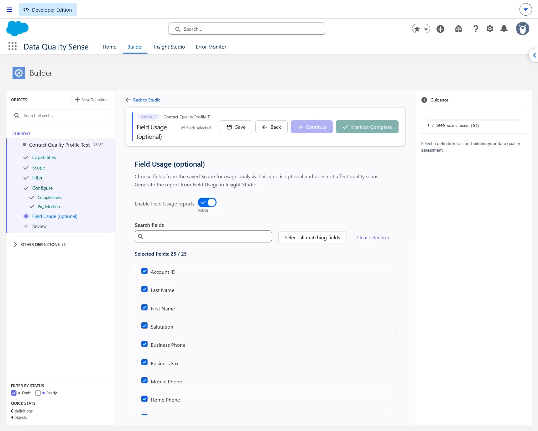 Field Usage enabled with 25 of 25 fields selected and changes awaiting Save