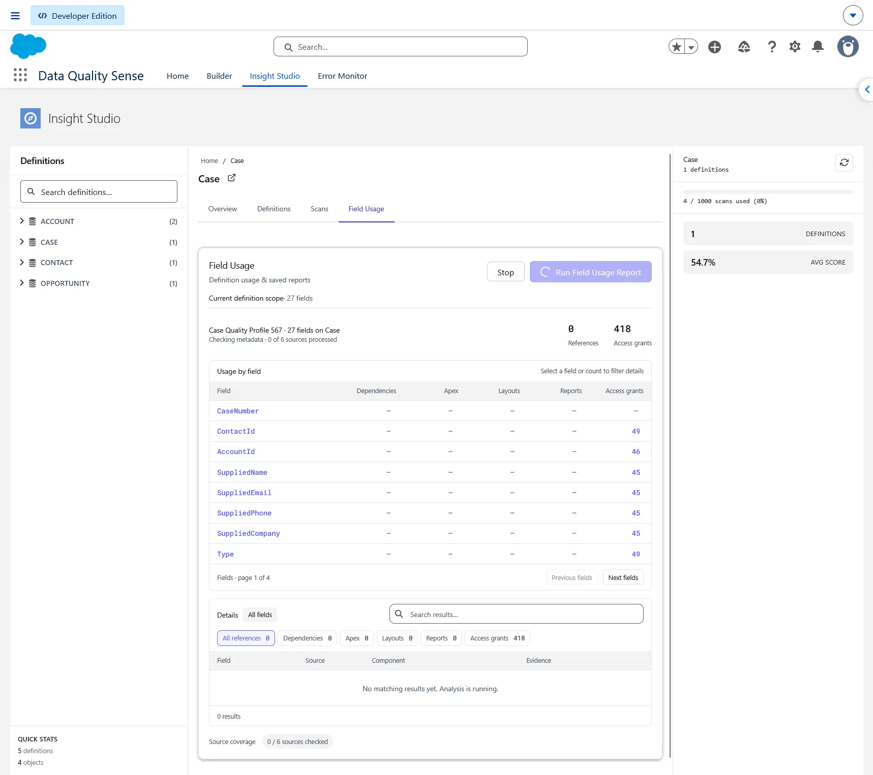 Field Usage analysis in progress with Stop and source coverage