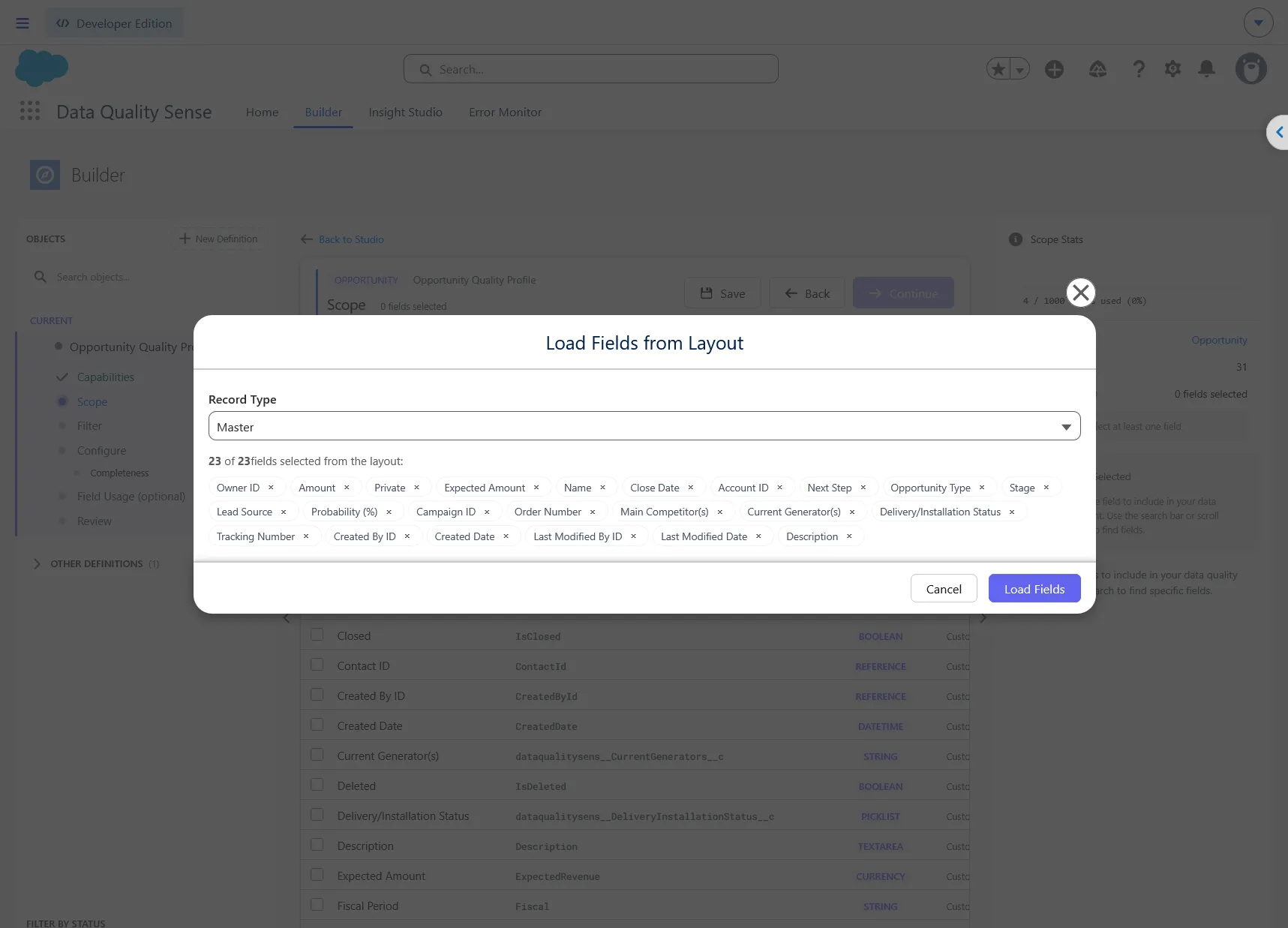 Load Fields from Layout with Master record type and 23 selected fields